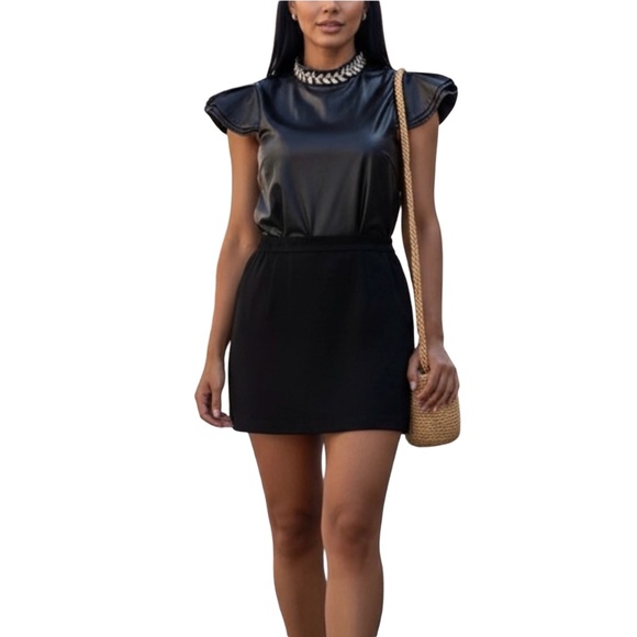 FOR HER NYC Tops - # A138 For Her NYC  Black Faux Leather Top   Embellished Collar  M  (NWT)